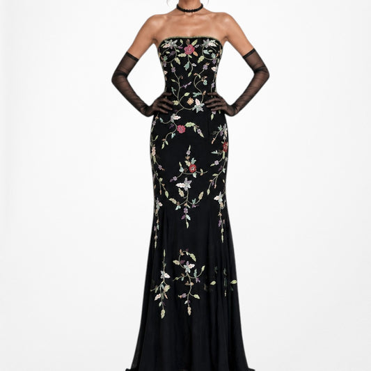 Vintage Black Strapless Floral Beaded Silk Maxi Formal Prom Dress Size M/L