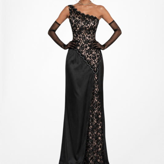 Vintage Black Satin Lace Beaded One Shoulder Bodycon Maxi Formal Cocktail Prom Dress Size S