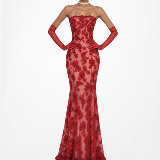 Vintage Red Strapless Floral Beaded Mesh Bustier Corset Prom Dress Size S