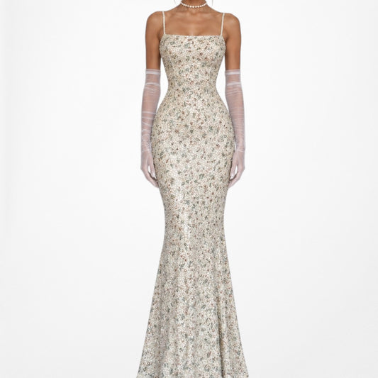 Vintage Y2K Beige Floral Silk Beaded Bodycon Maxi Formal Prom Dress Size XS
