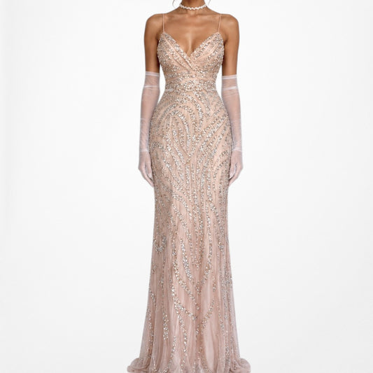 Vintage Beige Nude Beaded Fit Flared Maxi Formal Prom Dress Size S/M