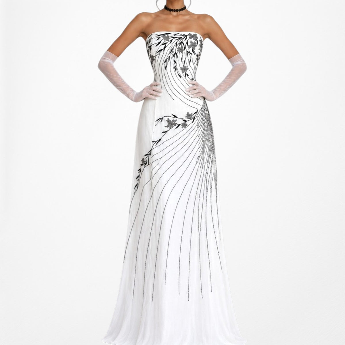 White Strapless Floral Beaded Silk Fit Flared Maxi Formal Prom Dress Size 6/M