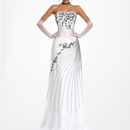 White Strapless Floral Beaded Silk Fit Flared Maxi Formal Prom Dress Size 6/M