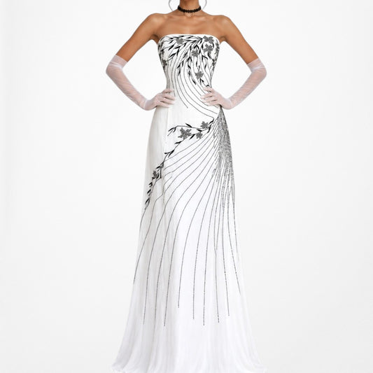 White Strapless Floral Beaded Silk Fit Flared Maxi Formal Prom Dress Size 6/M
