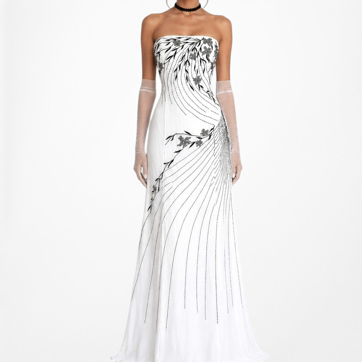 White Strapless Floral Beaded Silk Fit Flared Maxi Formal Prom Dress Size 6/M