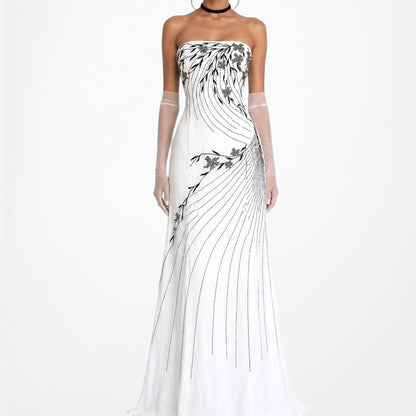 White Strapless Floral Beaded Silk Fit Flared Maxi Formal Prom Dress Size 6/M