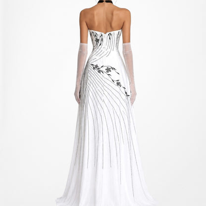 White Strapless Floral Beaded Silk Fit Flared Maxi Formal Prom Dress Size 6/M