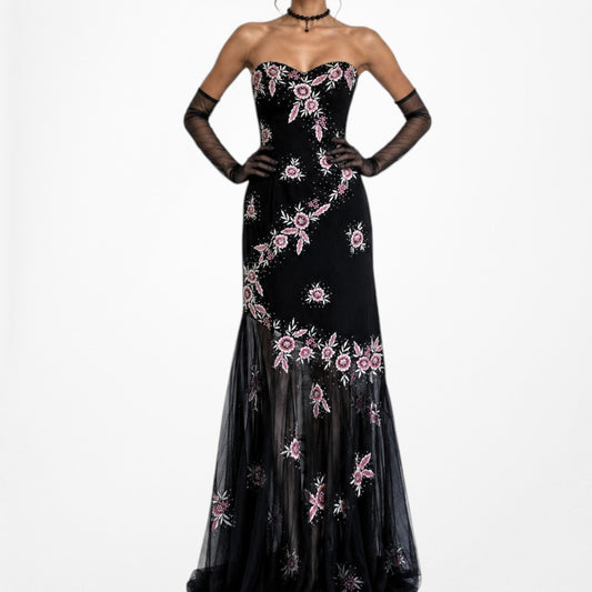 Vintage Black Strapless Floral Beaded Sheer Tulle Maxi Bodycon Prom Dress M