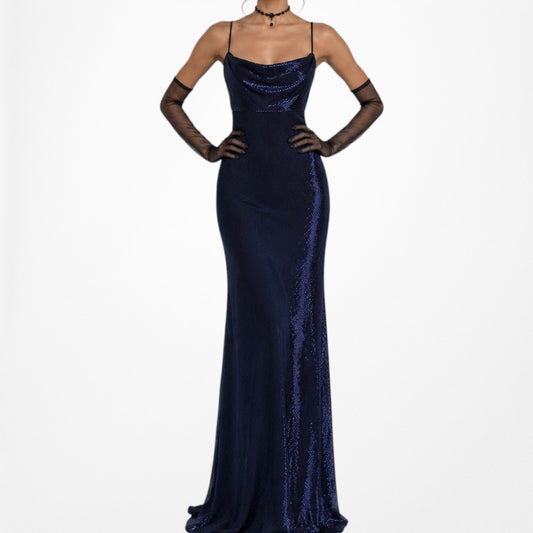 Vintage Blue Metallic Knit Bodycon Maxi Cocktail Formal Prom Dress Size S/M
