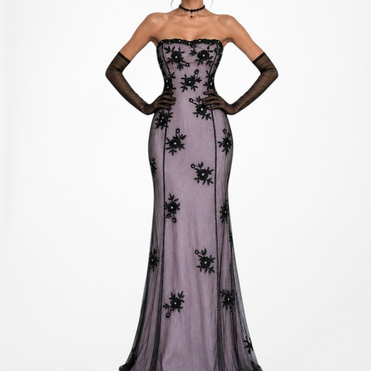 Vintage Purple Black Strapless Floral Velvet Mesh Beaded Maxi Prom Dress Size M/L