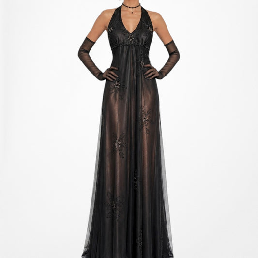 Vintage Brown Floral Beaded Halter Babydoll Mesh Maxi Prom Dress Size M/L