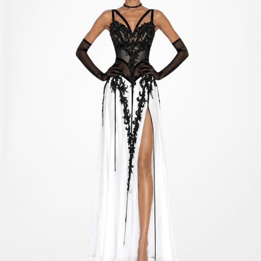 Vintage Y2K Black White Beaded Corset Mesh Sheer Midi Flared Prom Dress Size S
