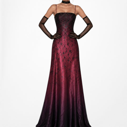 Vintage Burgundy Red Floral Beaded Ombre Mesh Satin Fit Flared Maxi Prom Dress Size L