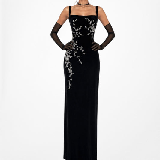 Vintage Black Floral Beaded Knit Velvet Bodycon Maxi Cocktail Formal Prom Dress Size L