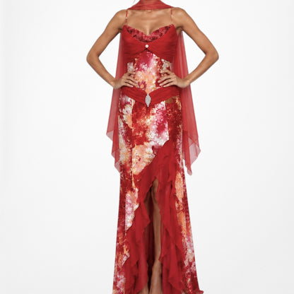 Vintage Red White Geometric Print Silk Ruffle High Low Maxi Prom Dress Size S