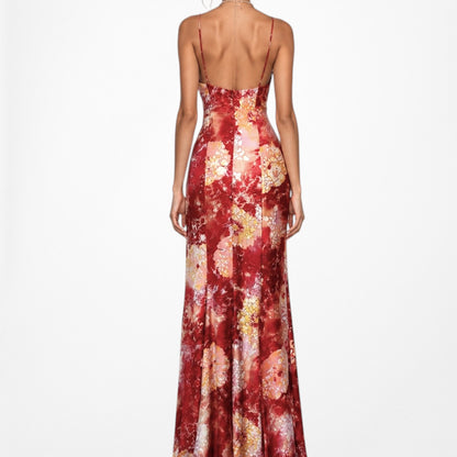 Vintage Red White Geometric Print Silk Ruffle High Low Maxi Prom Dress Size S
