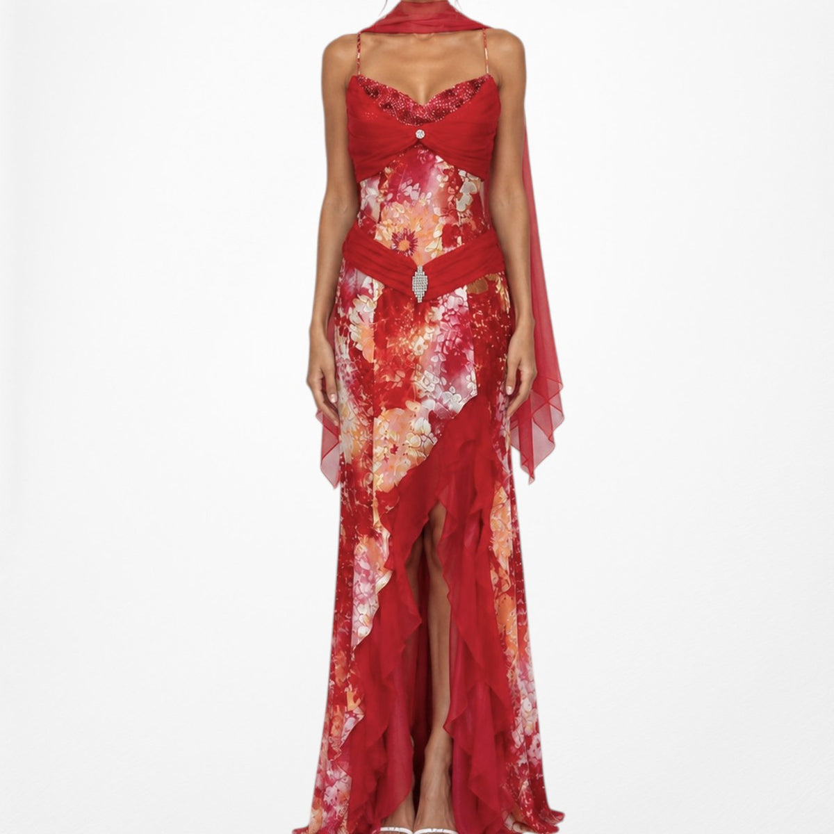 Vintage Red White Geometric Print Silk Ruffle High Low Maxi Prom Dress Size S