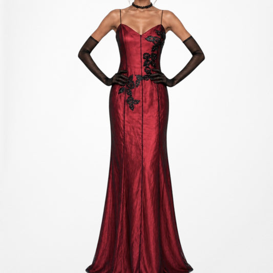 Vintage Burgundy Red Floral Beaded Embroidered Mesh Bodycon Maxi Formal Prom Dress Size S/M
