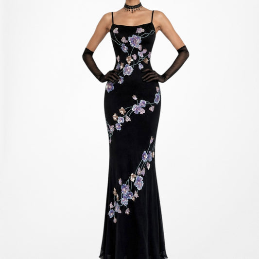 Vintage Black Blue Purple Floral Beaded Knit Maxi Bodycon Cocktail Prom Dress Size S/M