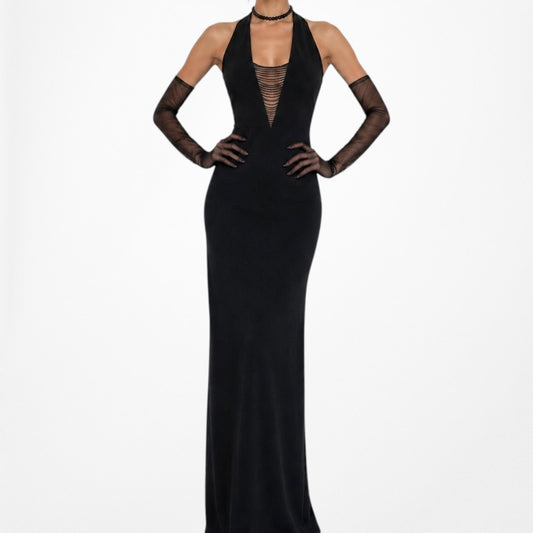 Vintage Black Velvet V-Neck Bodycon Maxi Cocktail Formal Prom Dress Size M/L