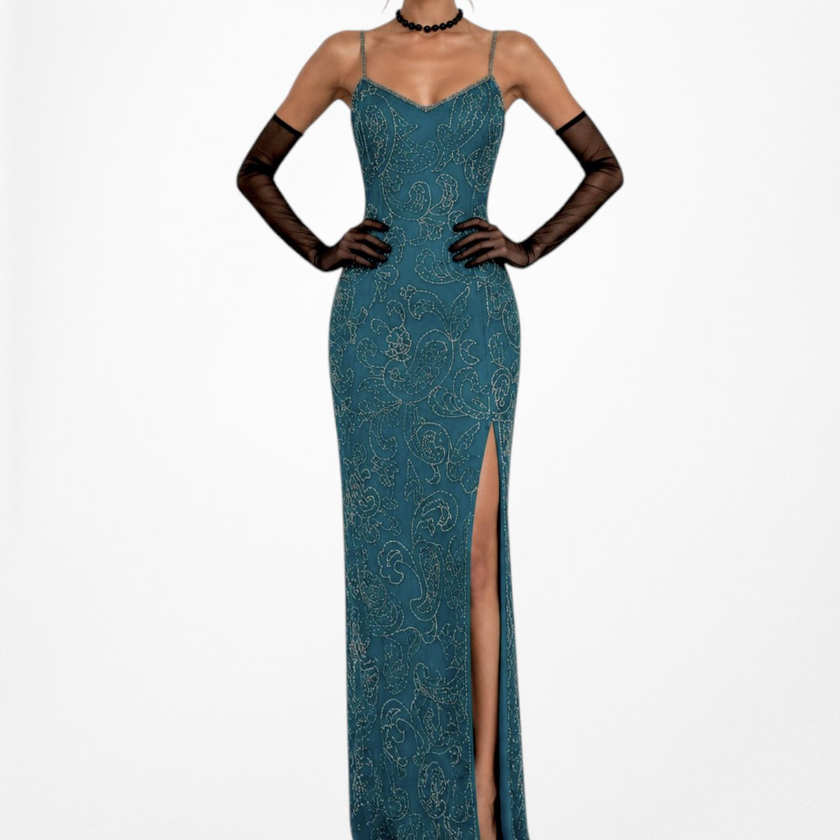 Vintage Teal Blue Silk Beaded Maxi Bodycon Side Slit Prom Dress Size M