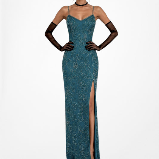 Vintage Teal Blue Silk Beaded Maxi Bodycon Side Slit Prom Dress Size M