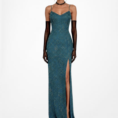 Vintage Teal Blue Silk Beaded Maxi Bodycon Side Slit Prom Dress Size M