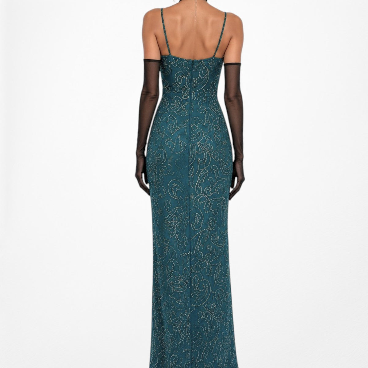 Vintage Teal Blue Silk Beaded Maxi Bodycon Side Slit Prom Dress Size M