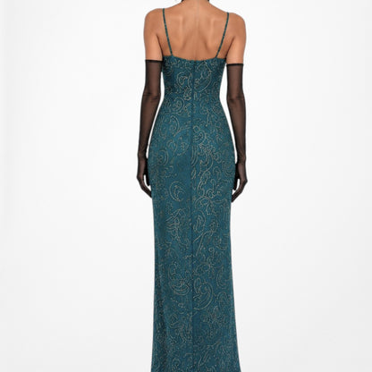 Vintage Teal Blue Silk Beaded Maxi Bodycon Side Slit Prom Dress Size M