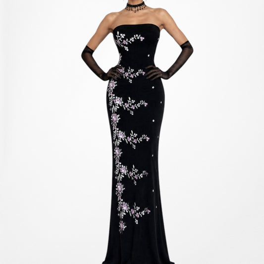 Vintage Strapless Velvet Floral Embroidered Maxi Bodycon Slit Dress Size S/M/L