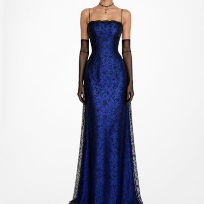 Vintage Black Blue Velvet Mesh Glitter Fit Flared Maxi Prom Dress Size M