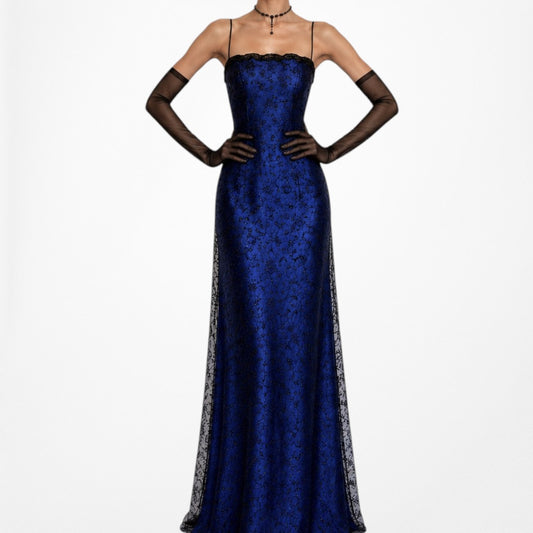 Vintage Black Blue Velvet Mesh Glitter Fit Flared Maxi Prom Dress Size M