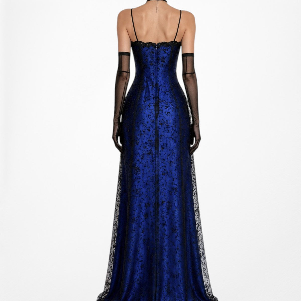 Vintage Black Blue Velvet Mesh Glitter Fit Flared Maxi Prom Dress Size M