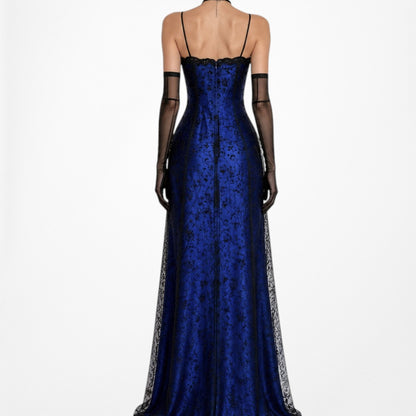 Vintage Black Blue Velvet Mesh Glitter Fit Flared Maxi Prom Dress Size M