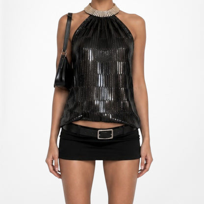 Monaco Black Pleated Rhinestone Collar Sleeveless Knit Blouse Top Size M