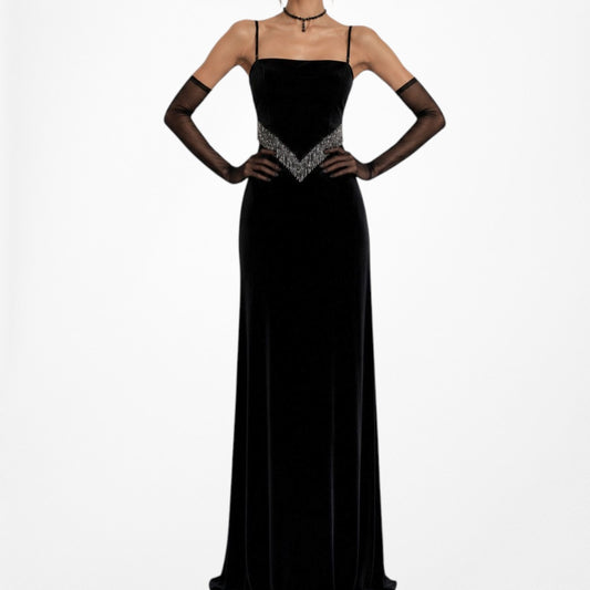 Vintage Black Velvet Beaded Knit Bodycon Maxi Formal Prom Dress Size S