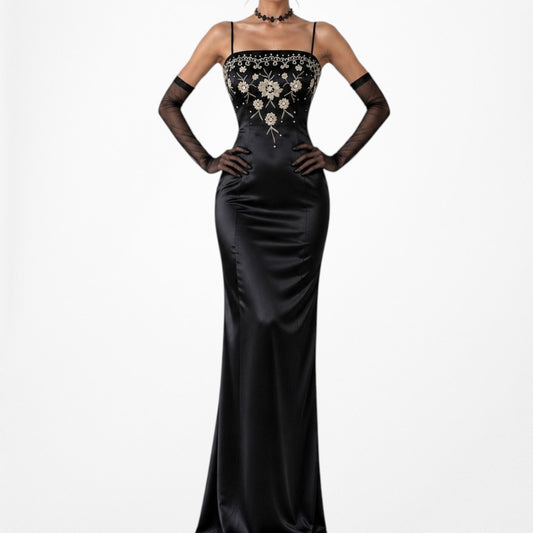 Vintage Black Satin Floral Beaded Embroidered Fit Flared Maxi Cocktail Formal Dress Size XS/S