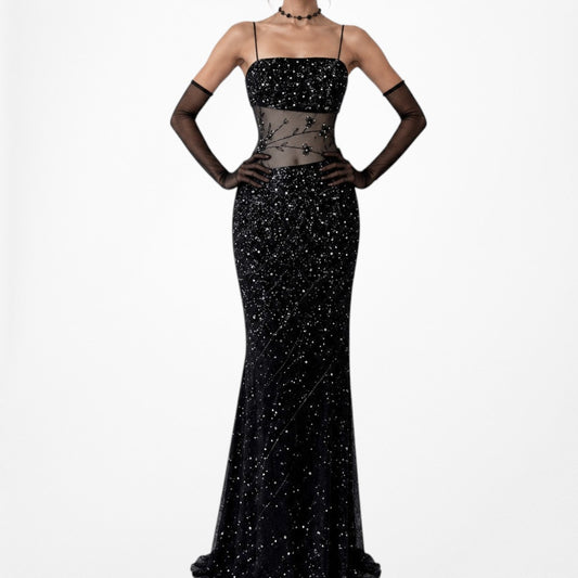 Vintage Black Floral Mesh Silk Beaded Maxi Bodycon Cocktail Formal Prom Dress Size S