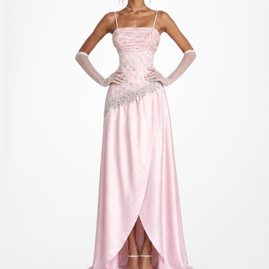 Vintage Y2K Pastel Pink Embroidered Mesh Wrap Hem Satin Maxi Prom Dress Size S