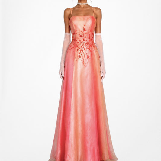 Vintage Y2K Pink Orange Ombre Beaded Floral Satin Organza Maxi Prom Dress Size M