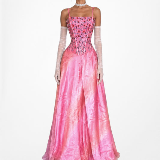 Vintage Y2K Pink Strapless Corset Beaded Ruffle Organza Maxi Prom Dress XS/S