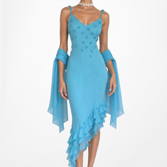 Vintage Blue Silk High Low Floral Beaded Slip On Midi Cocktail Dress Size S/M