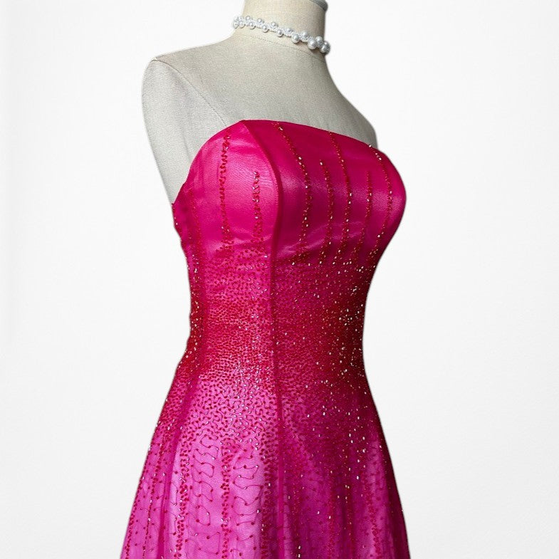 Vintage Y2K 90s Pink Silk Strapless Beaded Flared Ombre Maxi Prom Dress Size XS