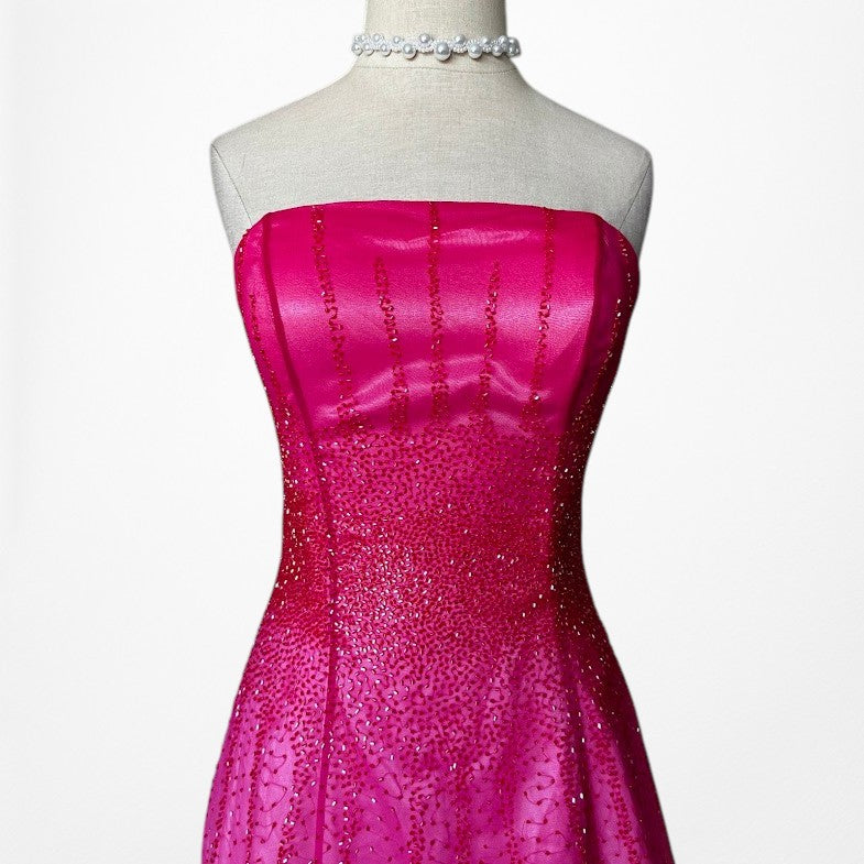 Vintage Y2K 90s Pink Silk Strapless Beaded Flared Ombre Maxi Prom Dress Size XS