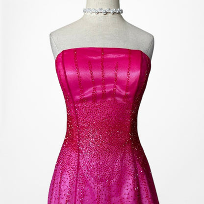 Vintage Y2K 90s Pink Silk Strapless Beaded Flared Ombre Maxi Prom Dress Size XS