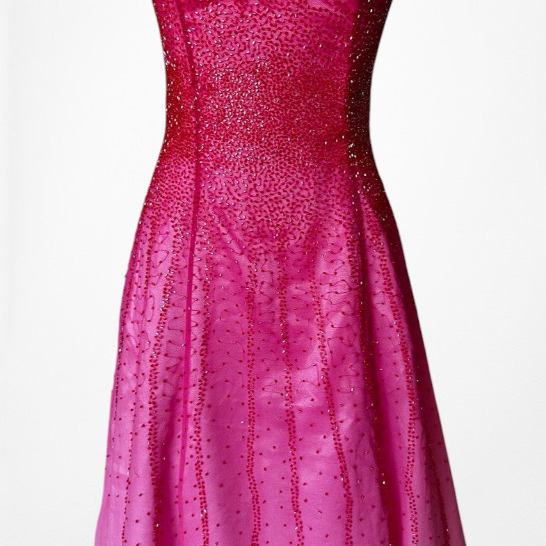 Vintage Y2K 90s Pink Silk Strapless Beaded Flared Ombre Maxi Prom Dress Size XS