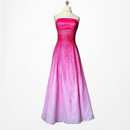 Vintage Y2K 90s Pink Silk Strapless Beaded Flared Ombre Maxi Prom Dress Size XS