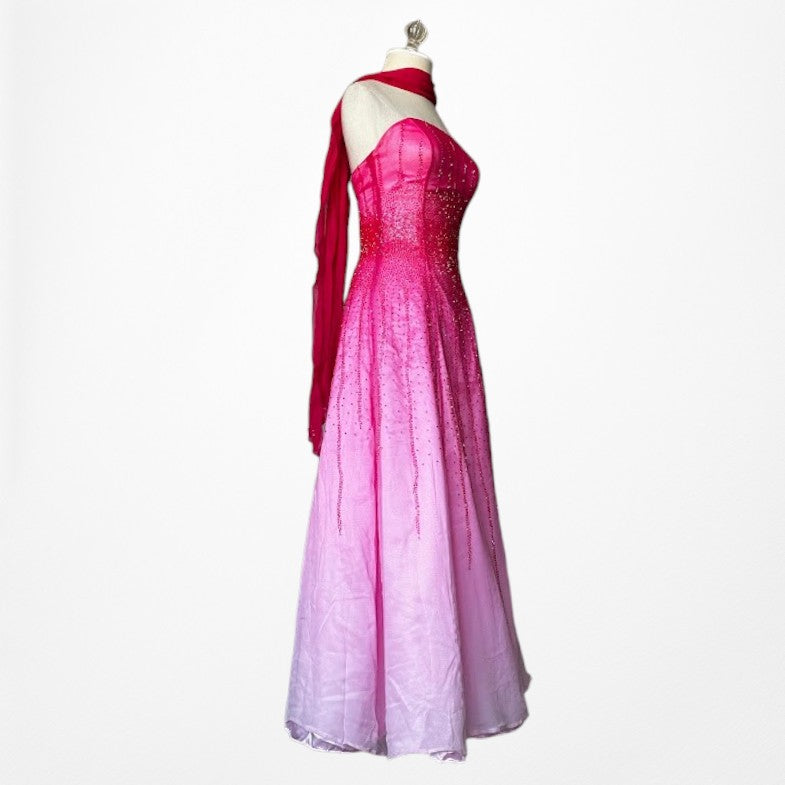 Vintage Y2K 90s Pink Silk Strapless Beaded Flared Ombre Maxi Prom Dress Size XS