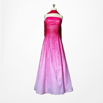 Vintage Y2K 90s Pink Silk Strapless Beaded Flared Ombre Maxi Prom Dress Size XS