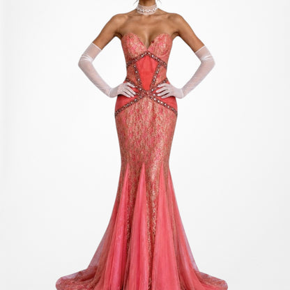 Vintage Pink Strapless Lace Beaded Fishtail Bodycon Prom Dress Size M